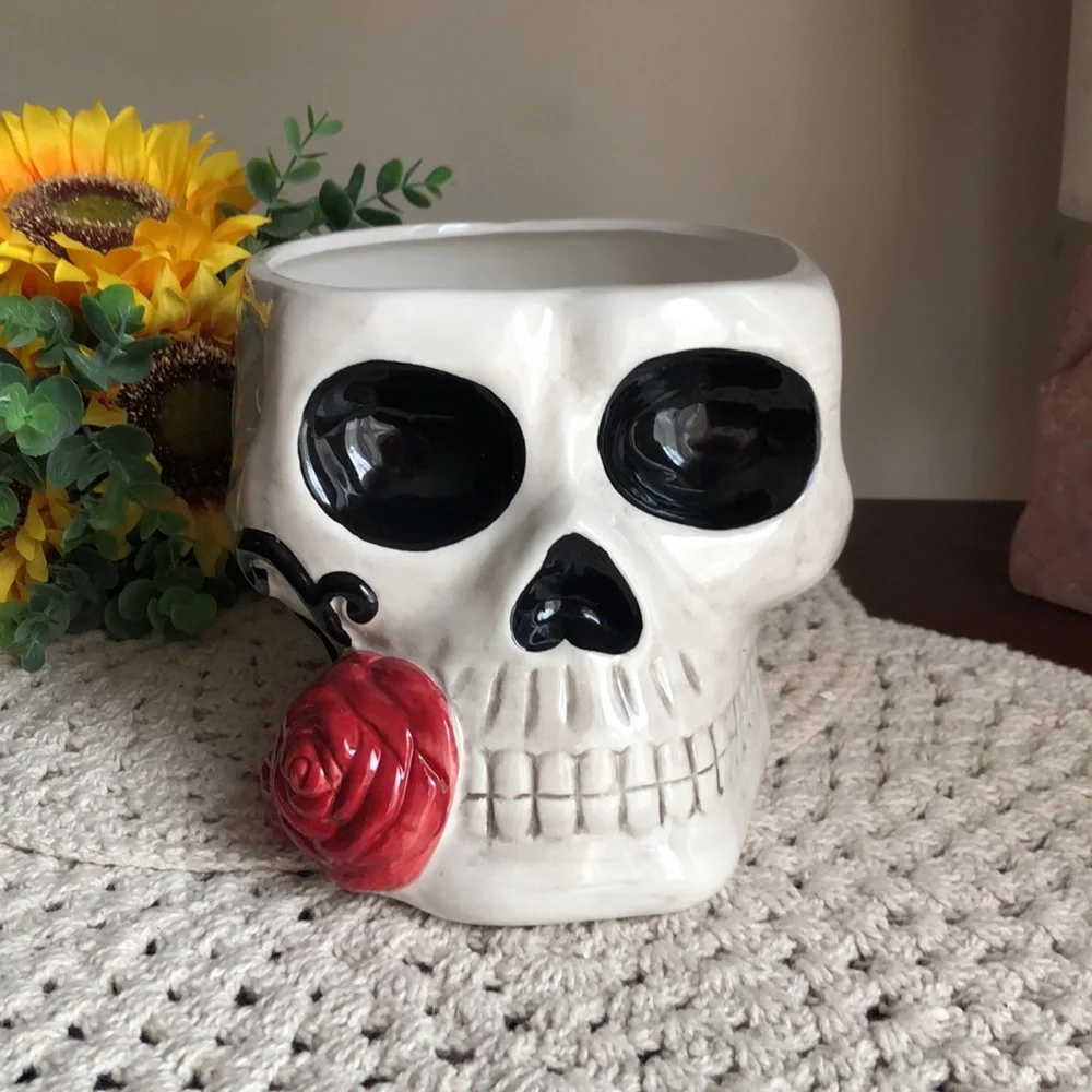 Gothic Ceramic Skull with Red Rose Accent - Halloween Decor